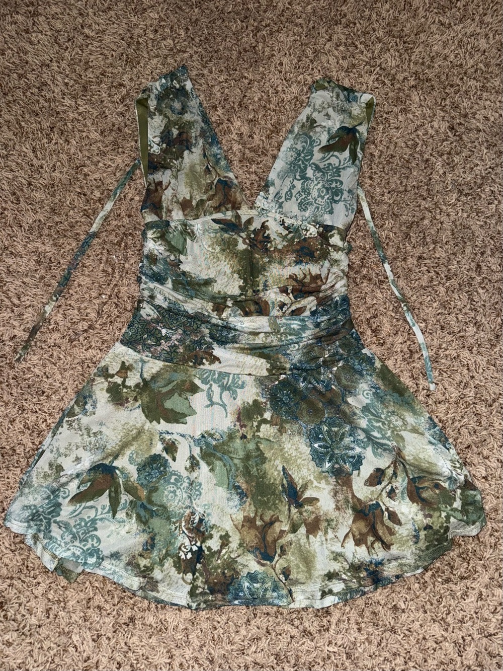 Persaya Green, Blue and Cream Floral V-Neck Mini Dress